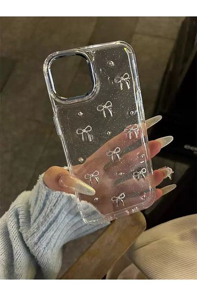 EDELFU iPhone 15 Plus & 14 Plus Glitter Bow Pattern Clear Case for iPhone - 3D Embossed, Elegant Design