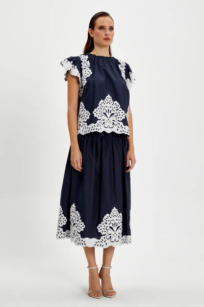 SERPİL Kadın Broderie Detaylı Pamuklu İkili Takım – Kısa Kollu Bluz ve Midi Etek, %100 Pamuk