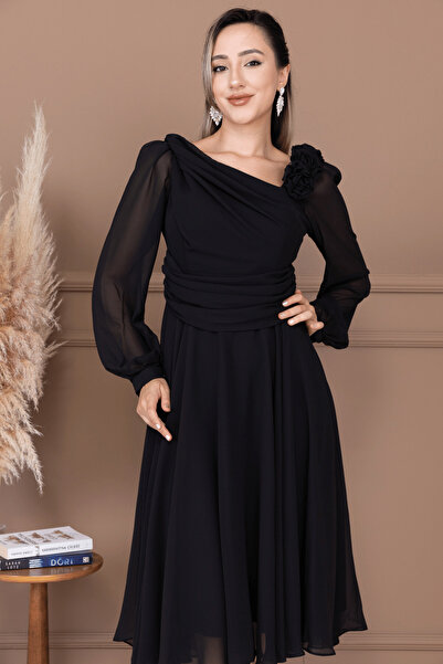 BEYBOS Şifon Kumaş Gül Detaylı Midi Boy Elbise - SİYAH