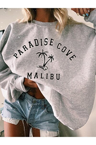 kahire سويت شيرت نسائي رمادي بارادايس ماليبو مطبوع كبير الحجم