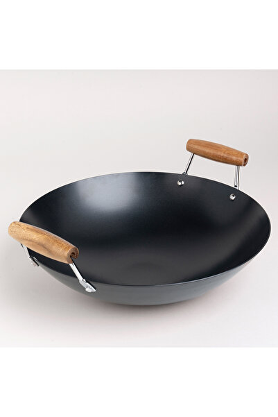 Alberto round black wok carbon steel pan with wooden handle 38 cm