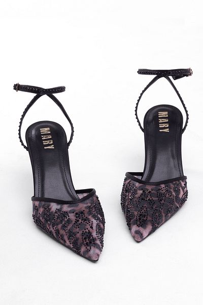 MARY Thin Heeled Mesh and Stone Embroidered Ankle Strap Women's Stiletto Shoes – Elegant Touches