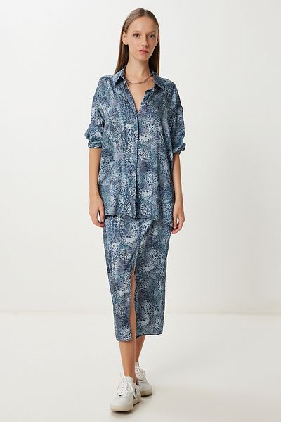 Lovelyİstanbul Patterned Satin Surface Shirt Skirt Suit Lfg0112 Dark Blue Gray