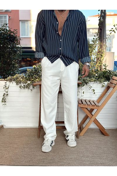 manch collection Pleated Baggy Linen Trousers White