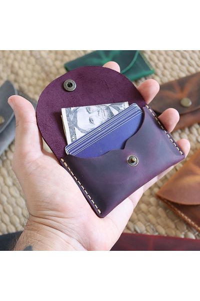 Derici Amca Handmade Leather Card Holder Wallet - Antique Snap Fastener Minimal Card Holder Wallet