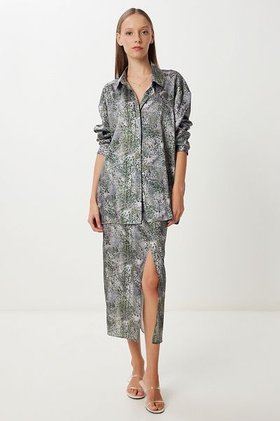 Lovelyİstanbul Patterned Satin Surface Shirt Skirt Suit Lfg0112 Green Gray
