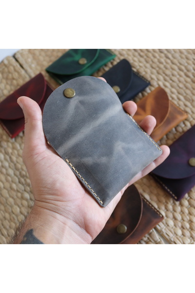 Derici Amca Handmade Leather Card Holder Wallet - Antique Snap Fastener Minimal Card Holder Wallet