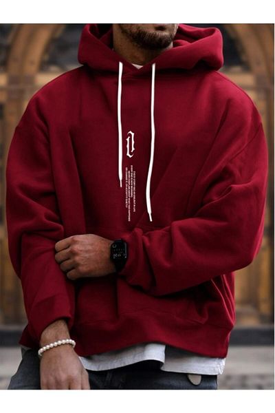 Hunors Sportswear & Company Oversize Claret Red Vertical Printed Hooded Sweatshirt