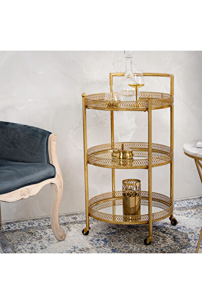 Generic عربة تقديم معدنية بثلاث طبقات، شكل دائري ذهبي