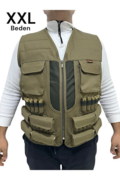 UYĞURCA XXL Beden Avcı Yeleği - 50 Fişek Kapasiteli - Koyu Haki Üzerine Haki ...