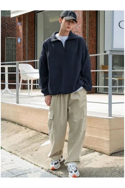 Hunors Sportswear & Company Men's Left Chest Label Detailed Half Zipper Oversize Fleece Sweatshirt
