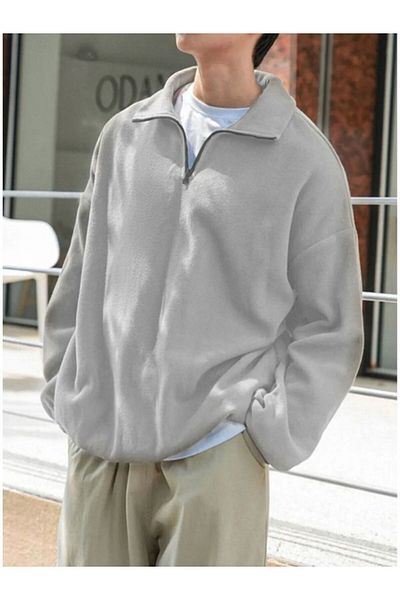 Hunors Sportswear & Company Men's Left Chest Label Detailed Half Zipper Oversize Fleece Sweatshirt