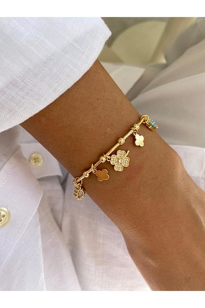 marsel aksesuar Zircon Stone Charm Colorful Adjustable Open Gold Bracelet with Flower and Clover Figures