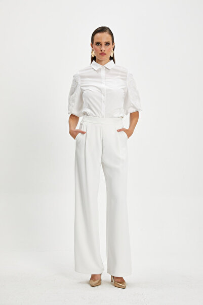 SERPİL Kadın Geniş Kollu Gömlek – Dantel İşlemeli Balon Kol, Düğmeli, %100 Pamuk