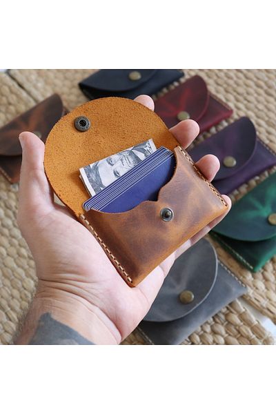 Derici Amca Handmade Leather Card Holder Wallet - Antique Snap Fastener Minimal Card Holder Wallet