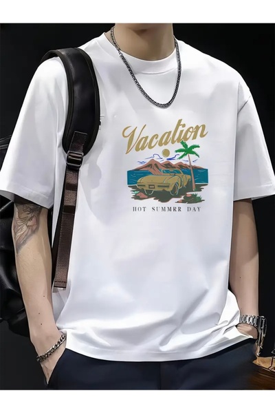 FUFLUNS تي شيرت برقبة دائرية كبيرة الحجم مطبوع عليه عطلة