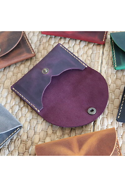 Derici Amca Handmade Leather Card Holder Wallet - Antique Snap Fastener Minimal Card Holder Wallet