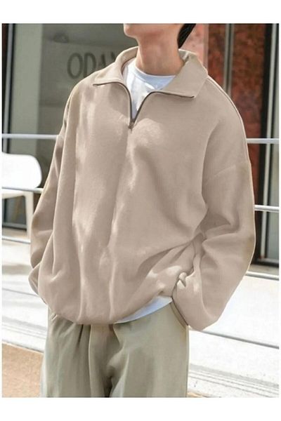 Hunors Sportswear & Company Men's Left Chest Label Detailed Half Zipper Oversize Fleece Sweatshirt