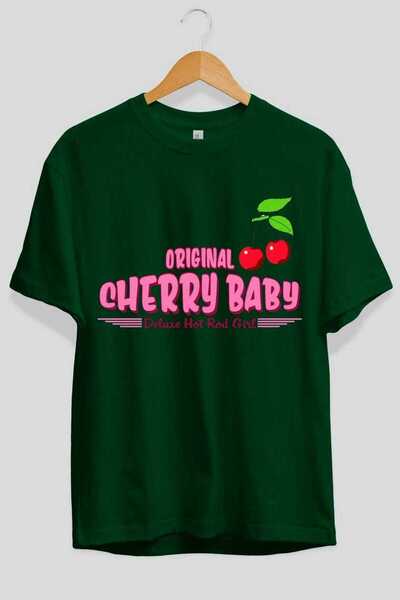 Ankhises Tricou oversize verde cu imprimeu frontal Cherry Baby, pentru bărbaț...