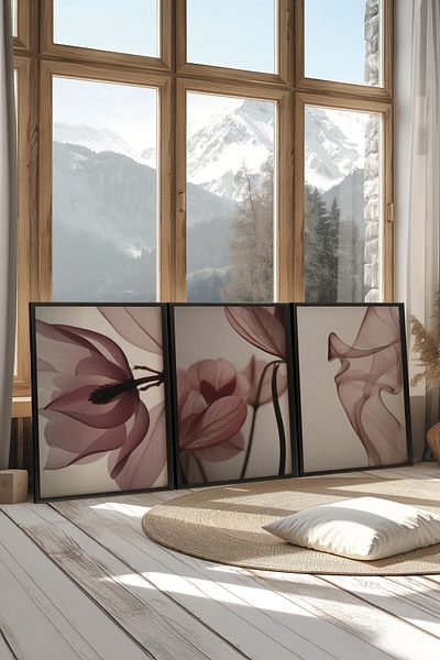 Postifull Set de pictură neagră, 3 bucăți poster cu cadru negru Vivid Flower Model No:300800, decor de perete roșu