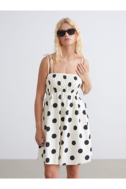 LC Waikiki New Season Polka Dot Waist-Sitting Linen Blend Dress