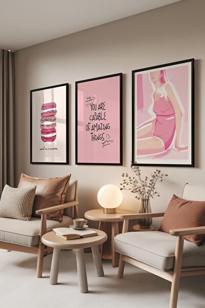 Postifull Черно табло, комплект от 3 брои с черна рамка, розов мотивационен модел №: 300811, розова декорация за стена