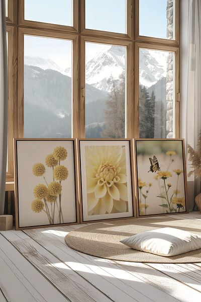 Postifull Set de pictură din lemn, 3 poster cu rame din lemn de albine și flori Model nr: 300805, decor de perete galben