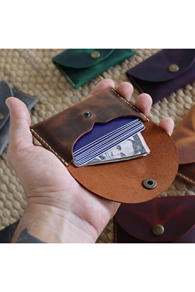 Derici Amca Handmade Leather Card Holder Wallet - Antique Snap Fastener Minimal Card Holder Wallet