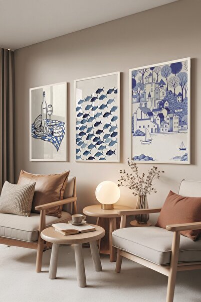Postifull Beyaz Tablo Seti, 3 Adet Beyaz Çerçeveli Poster Minimal Blue Model No:300853, Mavi Duvar Dekoru