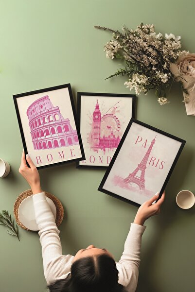 Postifull Siyah Tablo Seti, 3 Adet Siyah Çerçeveli Poster Cities Model No:300812, Pembe Duvar Dekoru