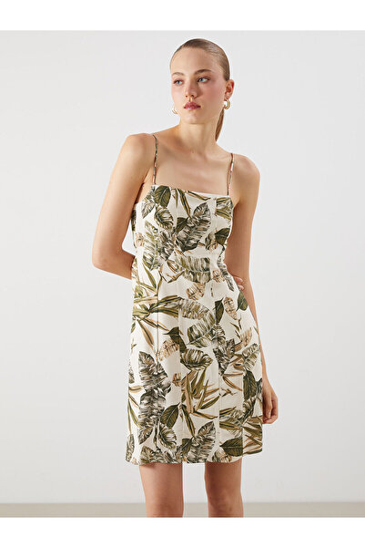 LC Waikiki Green Square Neck Floral Linen Blend Mini Dress