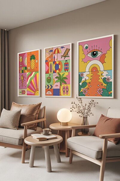 Postifull Beyaz Tablo Seti, 3 Adet Beyaz Çerçeveli Poster İndie Summer Model No:300839, Renkli Duvar Dekoru