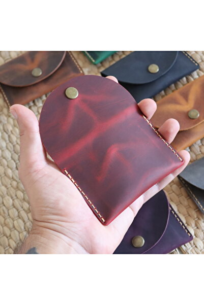 Derici Amca Handmade Leather Card Holder Wallet - Antique Snap Fastener Minimal Card Holder Wallet