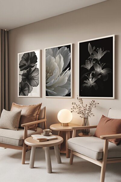 Postifull Beyaz Tablo Seti, 3 Adet Beyaz Çerçeveli Poster Soft Flowers Model No:300801, Duvar Dekoru