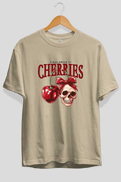 Ankhises Cherry Cherries 1 Μπροστινό εμπριμέ μπλουζάκι Oversize Ανδρικό Γυναικείο Βαμβακερό μπλουζάκι με λαιμόκοψη