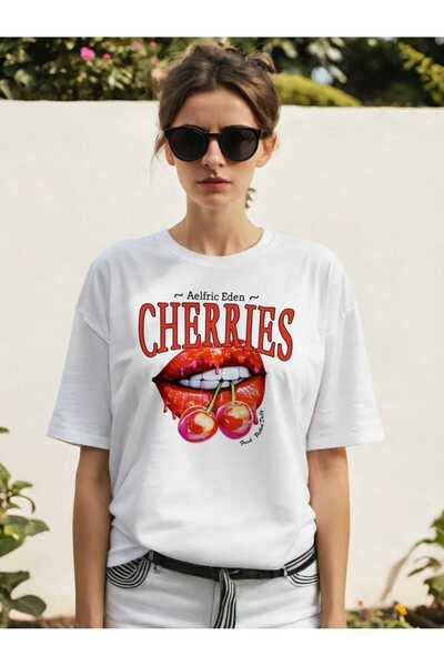 Ankhises Tricou supradimensionat alb cu imprimeu Cherry Cherries 3 în față, p...