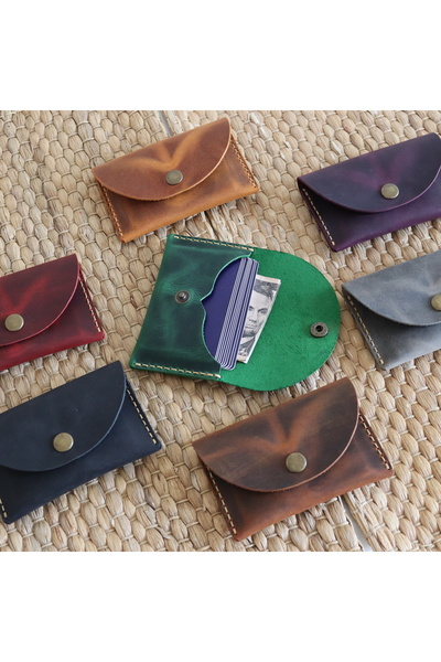 Derici Amca Handmade Leather Card Holder Wallet - Antique Snap Fastener Minimal Card Holder Wallet