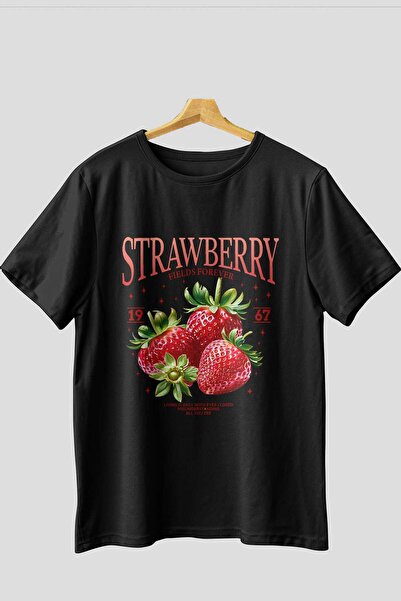 Ankhises Μπλουζάκι με μπροστινό στάμπα Strawberry Oversize Ανδρικό Γυναικείο Βαμβακερό μπλουζάκι με λαιμόκοψη