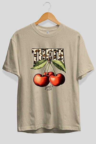 Ankhises Cherry Cherries 9 Μπροστινό εμπριμέ μπλουζάκι Oversize Ανδρικό Γυναικείο Βαμβακερό μπλουζάκι με λαιμόκοψη
