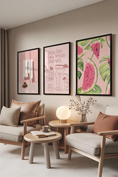 Postifull Set de picturi negre, 3 posteri cu cadru negru Easy Breezy Model Nr.:300844, Decor de perete roz