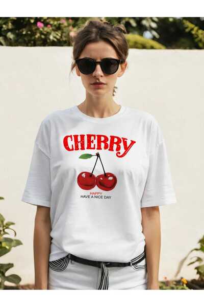 Ankhises Tricou supradimensionat alb cu imprimeu Cherry Cherries 5 în față, p...