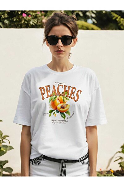 Ankhises Μπλουζάκι με στάμπα Peach στο μπροστινό μέρος, λευκό, oversize, ανδρ...