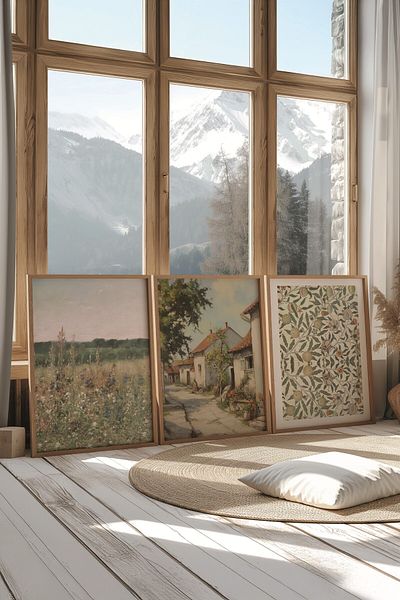 Postifull Set de pictură din lemn, poster cu rame din lemn 3 buc. Model de casă vintage Nr.: 300871, decor de perete colorat