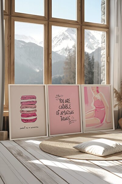Postifull Beyaz Tablo Seti, 3 Adet Beyaz Çerçeveli Poster Pink Motivation Model No:300811, Pembe Duvar Dekoru