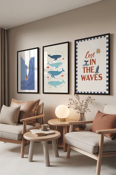 Postifull Set de picturi negre, 3 posteri cu cadru negru Lost in the Waves Mo...