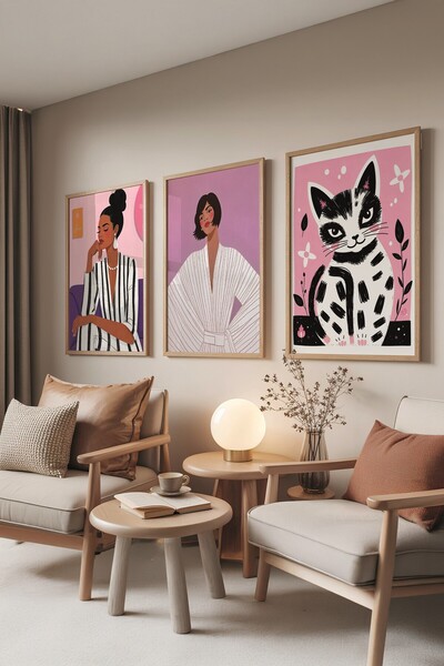 Postifull Set de pictură din lemn, poster cu 3 bucăți cu rame din lemn Woman ...