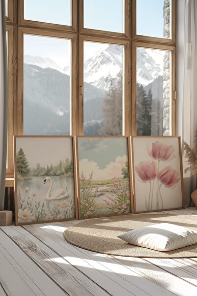 Postifull Ahşap Tablo Seti, 3 Adet Ahşap Çerçeveli Poster Swan Nature Model No:300804, Multicolor Duvar Dekoru