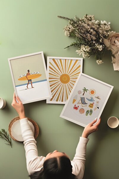 Postifull Beyaz Tablo Seti, 3 Adet Beyaz Çerçeveli Poster Yellow summer Model No:300832, Sarı Duvar Dekoru
