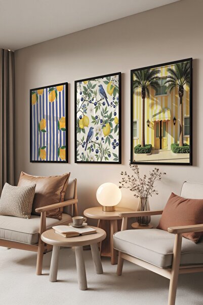 Postifull Siyah Tablo Seti, 3 Adet Siyah Çerçeveli Poster Yellow Building Mod...