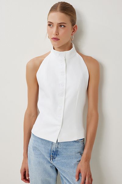 Lovelyİstanbul Vestă țesută cu guler Halter LYY0096 ECRU